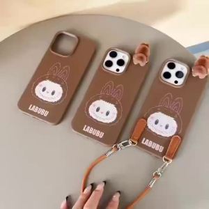 3D Cute Labubu Doll Brown Leather Pattern Soft Case for iPhone 11 12 13 14 15 16 Pro Max Plus Anti fall protective cover for iPhone13 case