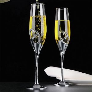 2pcs Wedding Champagne Glass Set Toasting Flute Glasses with Crystal Rimmed Hearts Decor Drink Goblet Cup