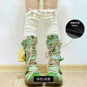 Green Spliced High-Top Womens Boots Y2K Retro Stitching Flat Bottom Fashion Boots Spring Autumn round Toe Rubber Outsole