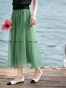 XUNYI | Chân Váy Xòe Dập Ly Tulle Cao Waist Mid-Length