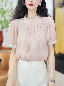 QINGNAER | Gentle Sweet Light Fresh Pink Stand-collar Ruffle Slightly Sheer Short-sleeve Blouse