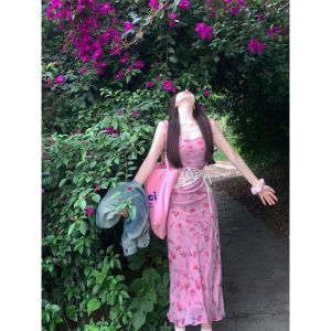 ชุดเดรสยาวผู้หญิงสไตล์ฝรั่งเศสสีชมพูดอกไม้ สายเดี่ยว ทรงเอ เอวสูง แขนกุด คอเหลี่ยม ฤดูร้อน 2025 ใหม่