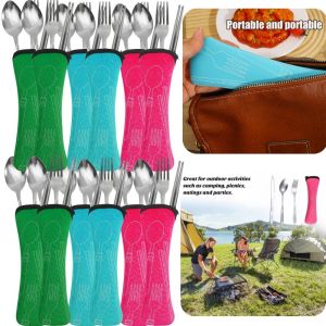 3Sets Dinnerware Set Three Pieces Portable Chinese Style High Quality Stainless Steel Spoon Fork Steak Chopsticks Set Travel Cutlery Cutleries Bag