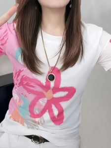 Casual White Graffiti Short Sleeve Womens T-shirt Summer New Fashion Age-defying Top Versatile Commute Korean Style Cotton Blend