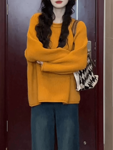 Orange Crew Neck Pullover Sweater Womens Autumn Clothing Korean Style Atmosphere Wear Match Idle Style Knitwear Winter Chic Tops