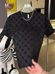 High-End Short Sleeve T-Shirt Mens Summer New Fashion Brand Full Print Rhinestone round Neck Business Casual Loose Fit Shirt