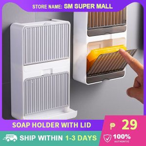 【No Drill】Creative Soap Holder Organizer with Drain and Cover Wall Mounted Soaps Rack Soap Case Boxes Leakproof Soap Container for Bathroom GYM Traveling Camping