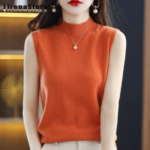 IRENASTORY womens vest half high neck sleeveless t-shirt solid color wool knitted vest top pullover