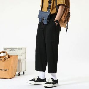 Mens Casual Straight Leg Workwear Pants Lightweight Summer Thin American Style Sporty Loose Fit Eight-Tenths Length