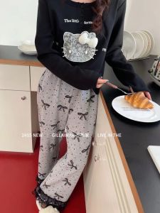 Cute Kitty Long Sleeve Home Clothes Gill Aimar Bear Family Style Student Wearable Autumn Winter Cotton round Neck Sleepwear