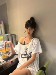 Casual Shoulder Bared Short Sleeve Womens T-shirt Summer Cotton 100% Commute Style Simple Lazy Design Saturn Print Top