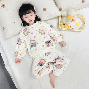Girls Strawberry Bear Flannel Sleepwear Set Long Sleeve Long Pants Comfortable Soft Coral Fleece Home Clothes Autumn Winter