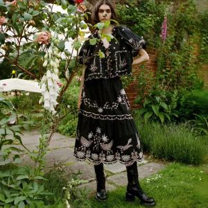 Spring Cotton Embroidered Doll Shirt And High Waist Skirt Set Vintage Style Bubble Sleeve V Neck UV Protection Short Sleeve