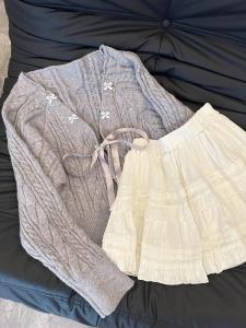 Gray Knitted Open Cardigan Womens Strap Vest Early Autumn Set White Cake Skirt A-Line Skirt Salt Or Sweet Three-Piece Set
