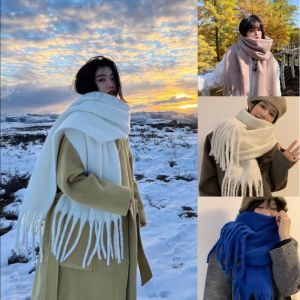 ROLL Warm Winter Cashmere Scarf Solid Color Soft Long Tassel Scarves Elegant Thickened Wrap Shawls Women