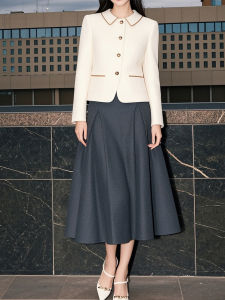 Fashionable French Vintage Small Fragrance Style Set Skirt Womens Commute OL Autumn 2024 New Arrival Polyester Elastic Fiber A-Line Skirt Long Sleeve Mid-Length Dress