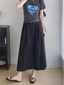 Elegant Black Cotton Pleated A-Line Mini Skirt Womens Early Autumn High Waist Versatile Slimming Long Skirts Fashionable Commute