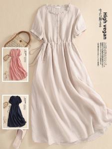 Artsy Pure Color Lace Patchwork Cotton and Linen Short Sleeve Dress Western Style Ruffled Collar Shoelace Waist-Tight Elegant Long Dress