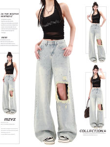 American Polka Dot Rhinestone Hole Denim Jeans Women Summer Design High Waist Straight Leg Wide Leg Long Pants