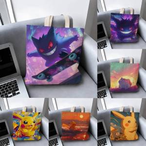 Bandai | Pokemon Character Series Storage Bags Tote Bag Travel Summer Beach Shoulder Bag Reusable Grocery Shopping Bag Anime Artwork