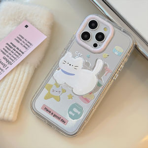 Cute Cat Stand Phone Case for Apple 15ProMax iPhone 13 Hand Rope 14Pro Cartoon 12 Lovely 11 Mirror XR/XS New Model No Collision Protective Shell 14Plus Soft Shell
