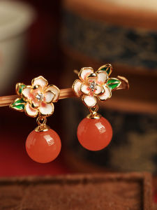 Natural South Red Tea Rose Earrings Silver Earrings Womens New Chinese Style Enamel Red Fortune Teller Year Earrings