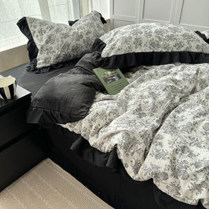 French Style Student Bedding Set Three Pieces with Lace Washed Cotton Floral Print Quilt Coverlet Bed Skirt Soft Polyester