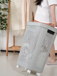 ตะกร้าผ้าพลาสติก+ฝาปิด สไตล์เรียบง่าย สำหรับจัดเก็บเสื้อผ้า มี2สีให้เลือก