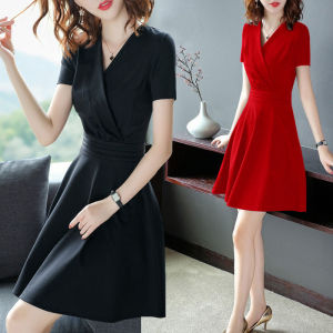 Black Mini Dress V-Neck Short Sleeve Midi Slimming Elegant Womens Summer Fashion British Style High Waist Knitted A-Line Skirt