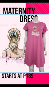 ALEX Maternity T-shirt Dress with CUTE PRINT "Girl3" and Side POCKETS.