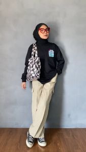 Celana Kulot Wanita Highwaist Motif Garis Gaya Korea dengan Pinggang Elastis