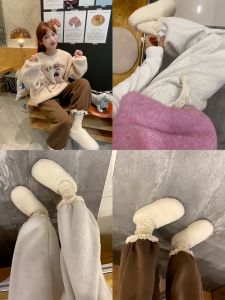 Loose Elastic Waist Cuffed Casual Pants Coffee Lace Trim Korean Style High Waist Straight Leg Pants Asymmetrical Element