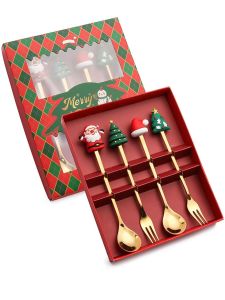 (2/4/6pc) Christmas Spoon and Fork Set Stainless Steel Creative Tableware Coffee Tea Dessert Spoon and Fork Exquisite Gift Set