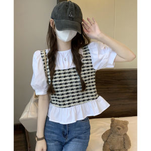 Chic Short Sleeve Shirt Womens plus Size Conceal Belly Slimming Top Versatile French Style Sweet round Neck Bubble Sleeve