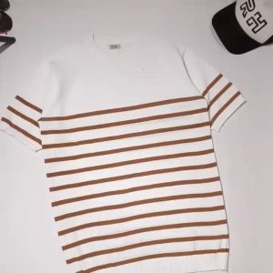 Baju rajut pria kerah bulat tangan pendek motif belang garis setrip mewah elegan coral knitwear crewneck