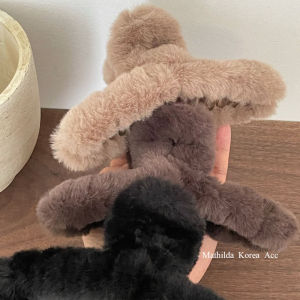 Large Crossbody Hair Clip in Autumn Winter Milk Coffee Color 13cm Plush Rabbit Hair Accessory for Japanese and South Korean Style