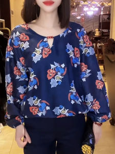 SUOXIMENG | Large Size Blue Floral Print Round Neck Long Sleeve Womens Top Fashionable Retro Style Commute Style Autumn New Arrival