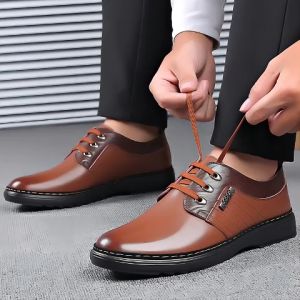 รองเท้าทางการผู้ชายสไตล์เดอร์บี้ หัวกลม ผูกเชือก ทนทาน กันลื่น เหมาะสำหรับงานแต่งงาน ปาร์ตี้ และธุรกิจ