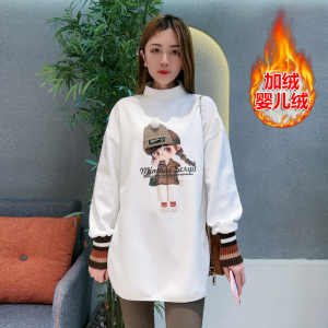 Áo Thun Dệt Kim Dày Cho Bé Gái Áo Thun Cotton Mùa Đông Dáng Rộng Dài Vừa Phải Có Lót Lông Cừu Cổ Tròn in Họa Tiết Hoạt Hình