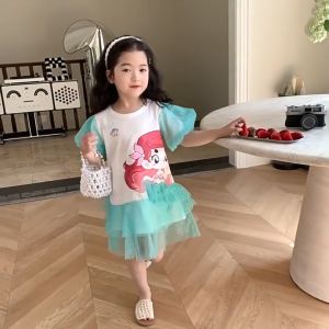 SUKAL   เสื้อยืดแขนสั้นฤดูร้อนสำหรับเด็กผู้หญิง ชุดแฟชั่นลายการ์ตูนนางเงือกสำหรับเด็กผู้หญิง ชุดเด็กผู้หญิง ชุดการ์ตูนเด็กผู้หญิง ชุดเด็กผู้หญิงชุดไทยเด็กหญิงชุดไทยเด็กผู้หญิงชุดเดรส เด็ก ผู้หญิงชุดไทยเด็กโต 10ชุดเจ้าหญิง ชุดเด็กผู้หญิง