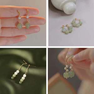 Soft Elegant Qingyun Biwave Imitation Jade Pearl Sung Period Womens Hanfu Style Clip-on Earrings No Piercing Required