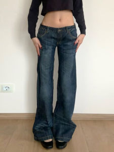 Low Waist Straight Leg Jeans Retro Washed Cat Casual Pants Slimming Effect High Street Style Womens Denim Trousers