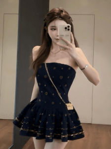 ชุดเดรสคอวีแขนกุดสไตล์ฝรั่งเศสย้อนยุค SYJ สำหรับผู้หญิง ชุดเดรสทรงเอเอวสูง ชุดเดรสสั้นทรงเอ ชุดเดรสสั้นทรงเอ