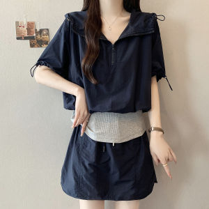 Casual Sporty Halftop Skirt Set Womens Short Sleeve Drawstring Hoodie Top And Mini Skirt Fashionable Summer Outfit Two-Piece Set