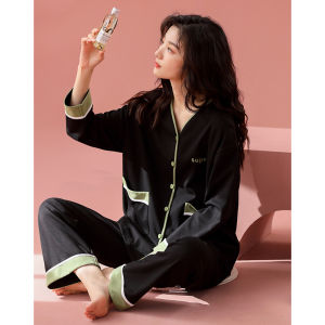 Autumn Spring Pure Cotton Long Sleeve Black Cardigan Pajama Set