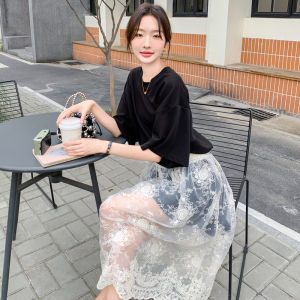 Loose Lace Embroidered Print T-Shirt Half Skirt Two-Piece Set Summer New Style Korean Version Commute Pure Color H-Shape Dress
