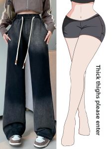 LANKELISHA | High Waist Wide Leg Denim Jeans Women Plus Size Elastic Waist Drawstring Slimming Pear Shape Body Straight Cut Pants