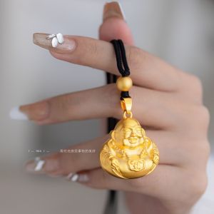 New Chinese Style Gold Sand Buddha Smile Necklace Womens Fashion Jewelry Hollow out Design Sweater Chain Alloy Material