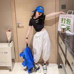 Trendy Letter Print High Waist Cross Belt Girls T-Shirt Fashionable Belly Button Baring Top Cotton Sweat Absorbent Summer Wear