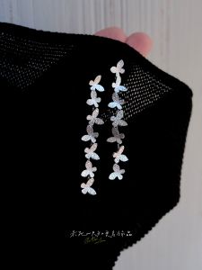 Elegant Silver Butterfly Texture Long Dangle Earrings Fairy Atmosphere Artistic Ear Jewelry Clip on for Women Handmade Mixed Material